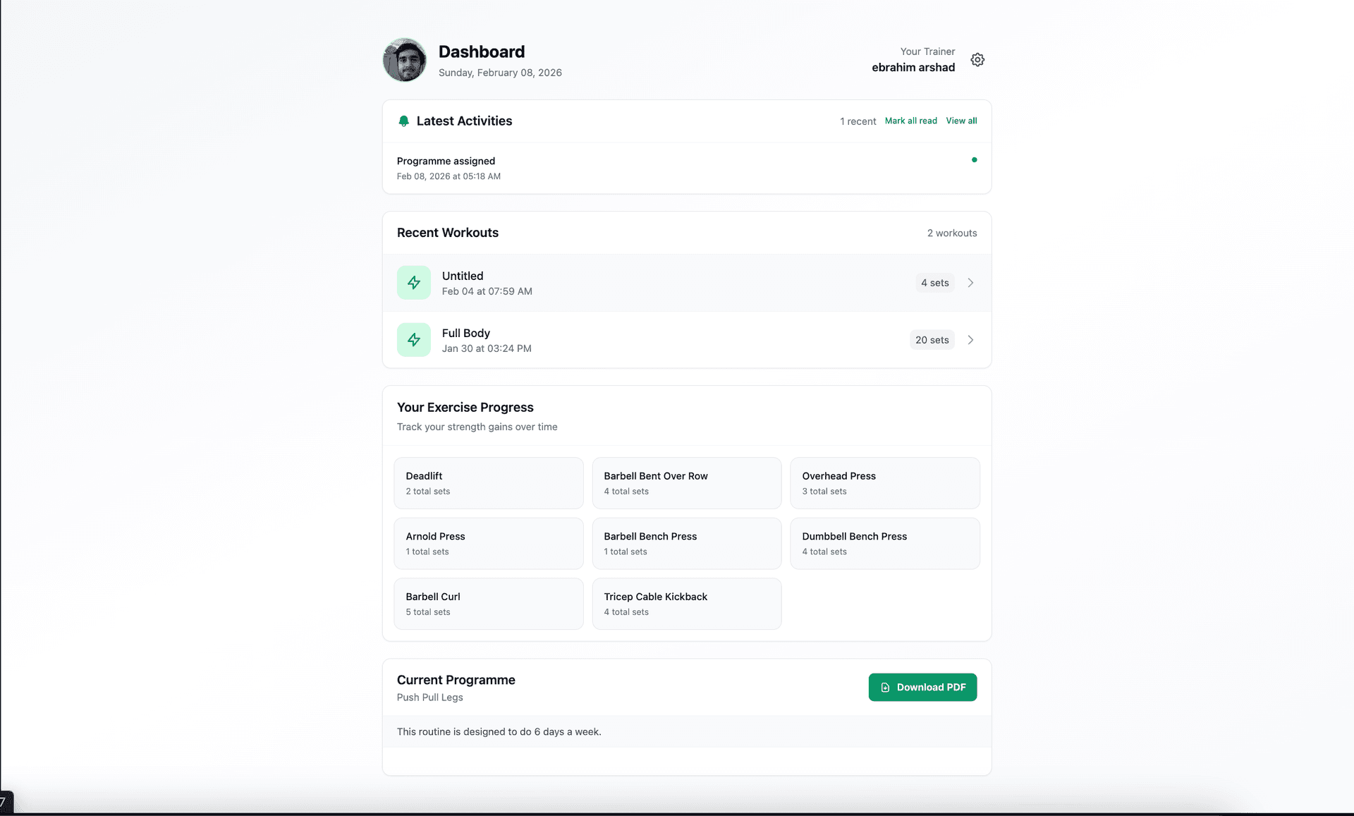 Client dashboard — workouts, progress and activities