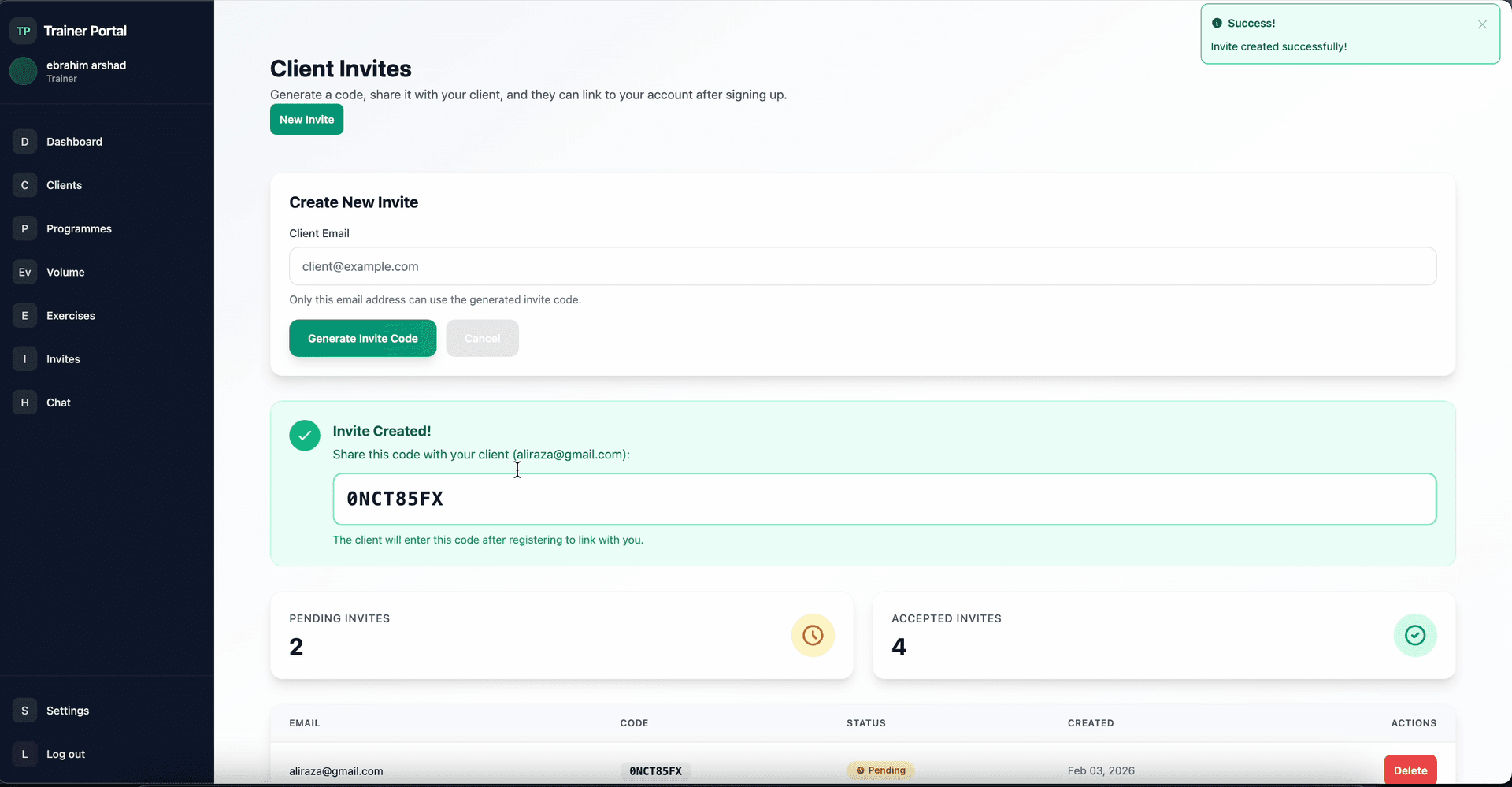 Trainer portal — manage clients, invites and programmes